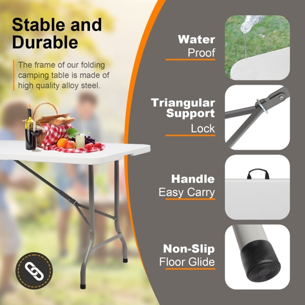 Alvantor 6FT Folding Table, Portable Fold-in-Half HDPE Plastic Dining Table with Powder Coated Steel Frame for Picnic Party Camping,White