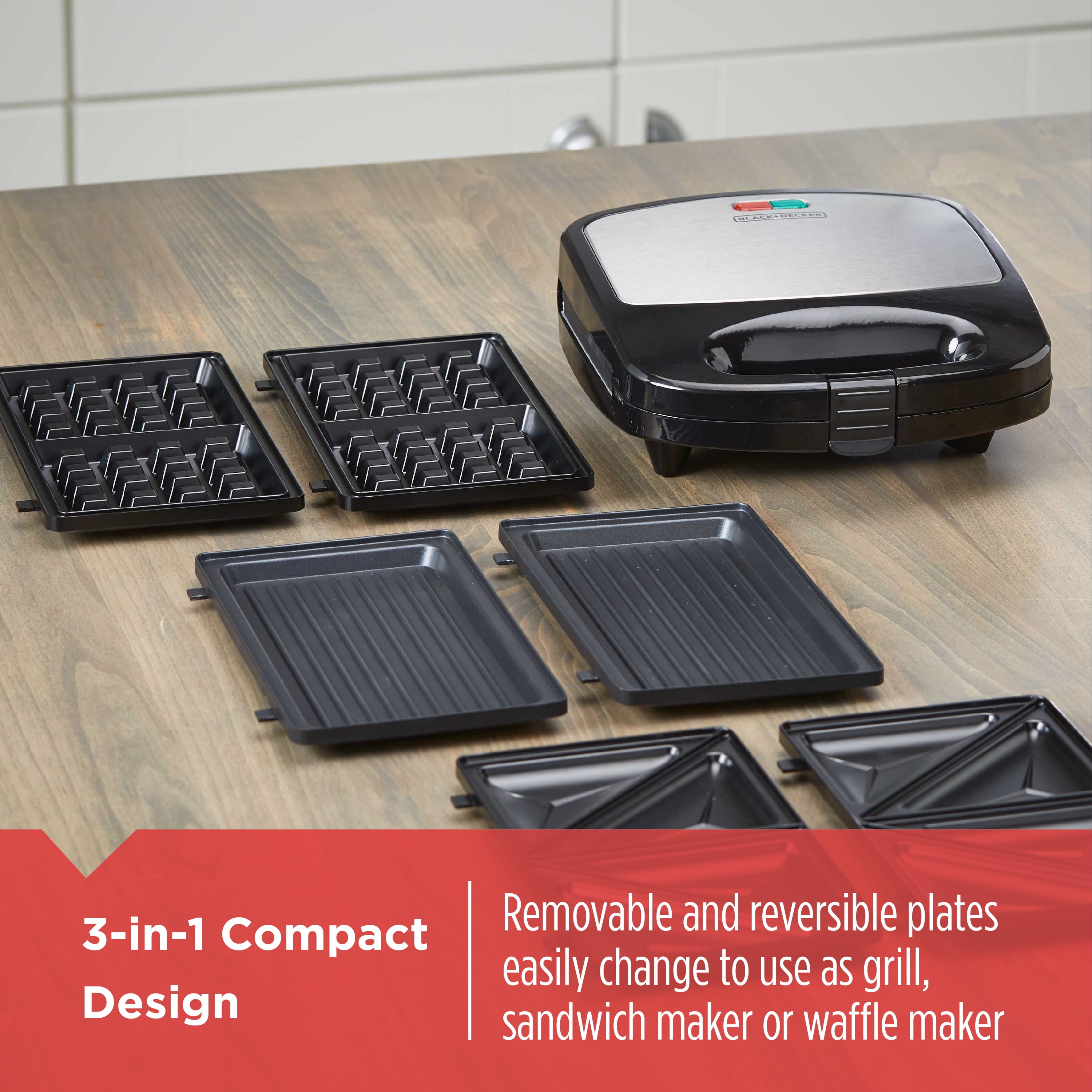 Black+Decker G48TD 3-in-1 Waffle Maker & Indoor Grill Griddle, Silver/Black