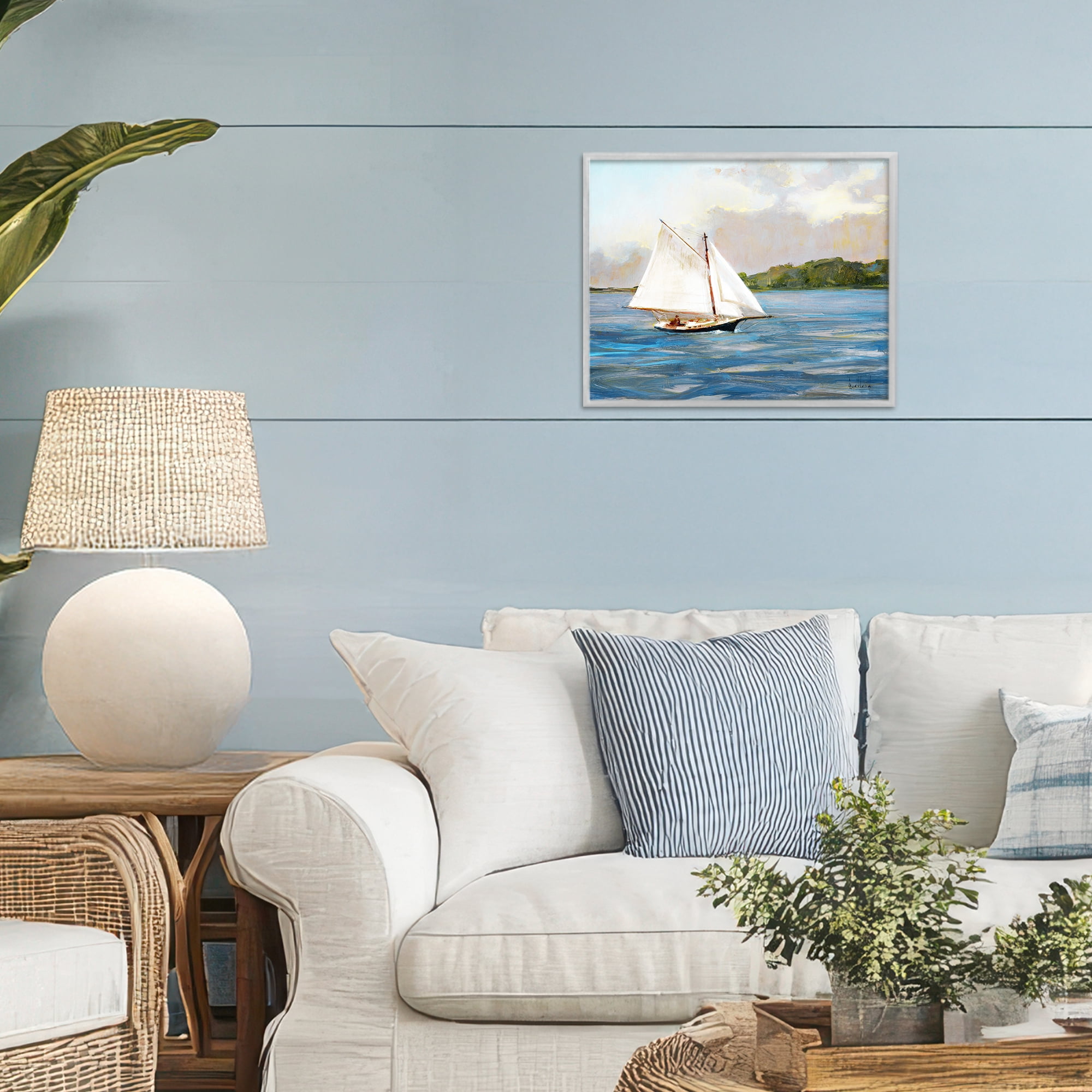 Stupell Industries White Sailboat on Calm Blue Sea Gray Framed Giclee Art, design by Katie Swatland