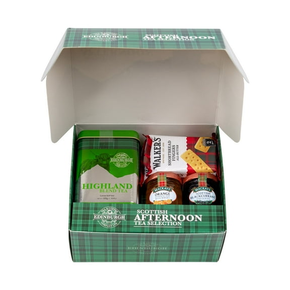 Scottish Tea Gift Set – Authentic Taste of Scotland, Handcrafted in Scotland – Highland Blend Tea, Walkers Shortbread, and Mackays Jams