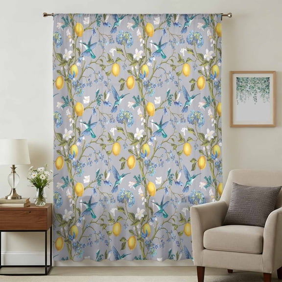 Lemon Tree Birds Sheer Curtains 72 Inches Long, Green Botanical Blue Floral Light Filering Curtains, Breathable Simi Curtain Privacy Drapes for Living Room Bedroom Lightweight Window Treatment
