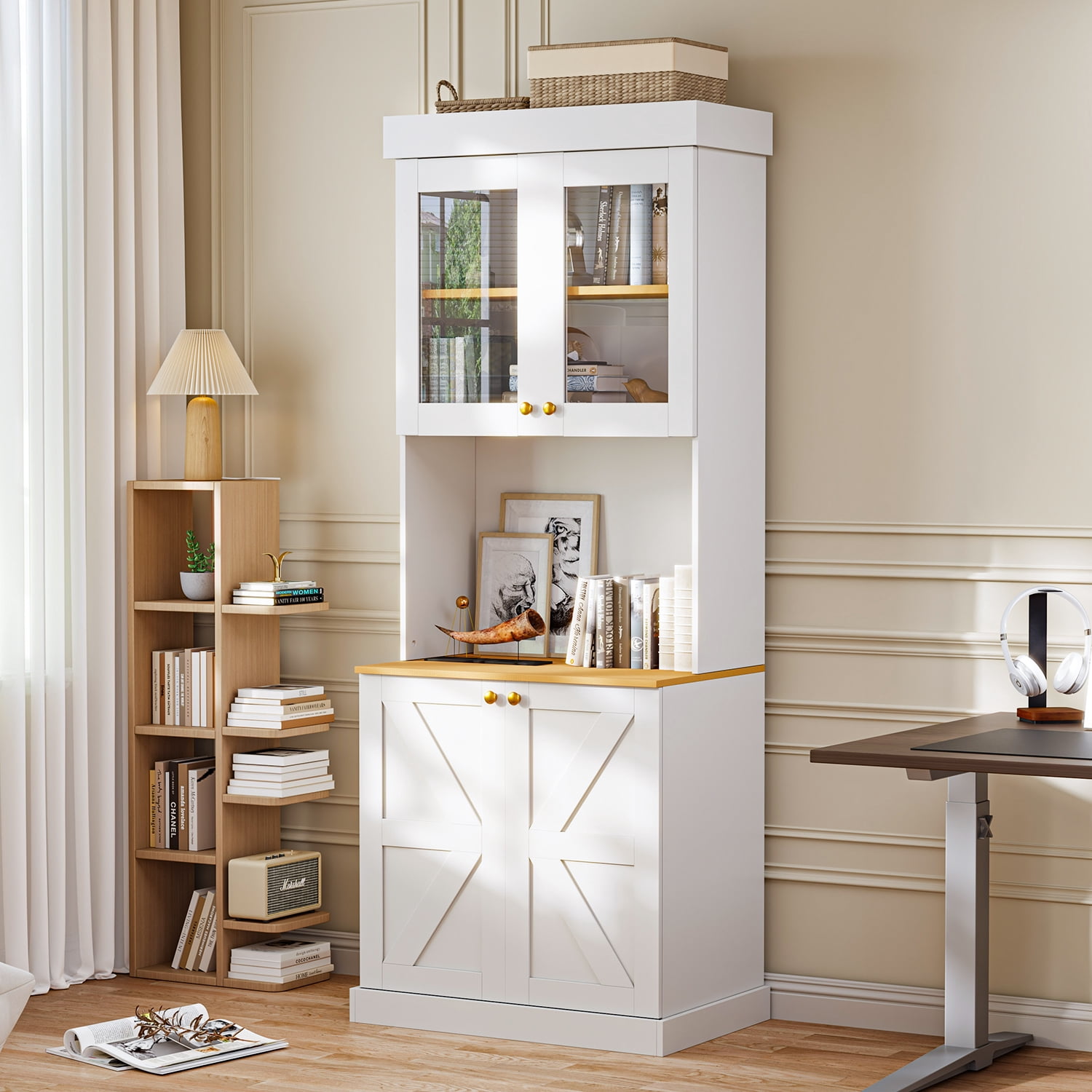 Sunix Farmhouse Pantry Cabinet Set of 3, 70.8" Tall, Freestanding Large Storage Cabinet with Glass Doors, Microwave Shelf, Adjustable Shelves