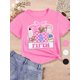 thumbnail image 1 of Camiseta de regreso a clases para niñas: adorable diseño de personaje de dibujos animados con fondo a cuadros, lazo rosa con la letra F, camiseta holgada de algodón transpirable para primavera y vera, 1 of 7
