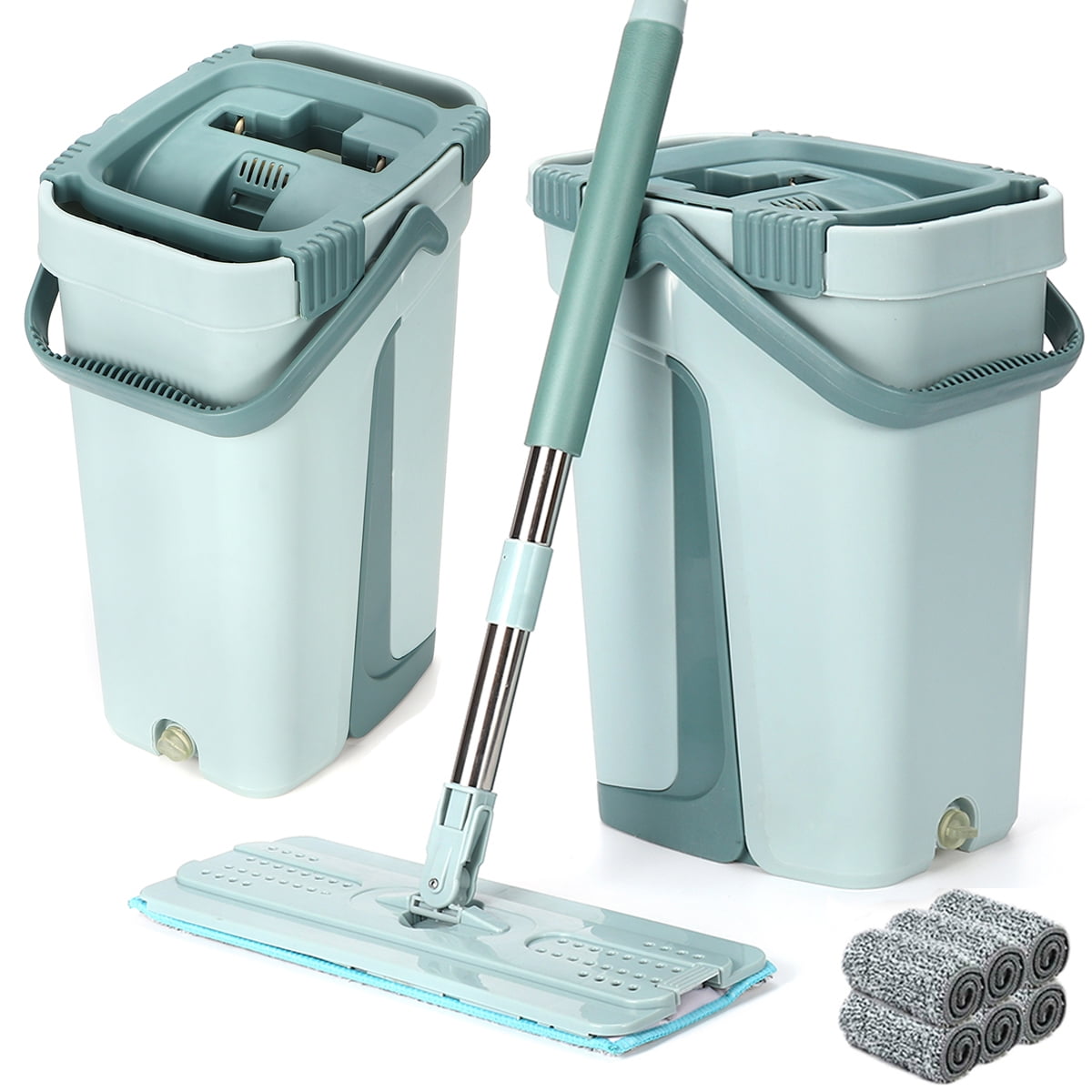 2/6/10 Pads Self Cleaning Mop Bucket System Flat Floor Drying Wringing Free Hand