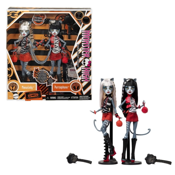 Refurbished Monster High Boo-riginal Creeproduction Meowlody & Purrsephone Dolls w/Diary & Doll Stands