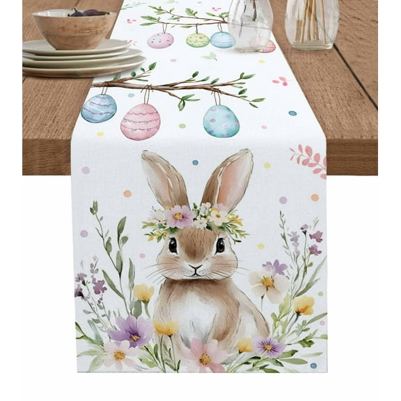 Table Runner Dresser Scarf 14 x 72 Inch Spring Easter Bunny Cute Rabbit Colorful Eggs Flower Table Runners Non-Slip Heat Kitchen Dining Table Decor for Indoor Outdoor Home Party Decoration