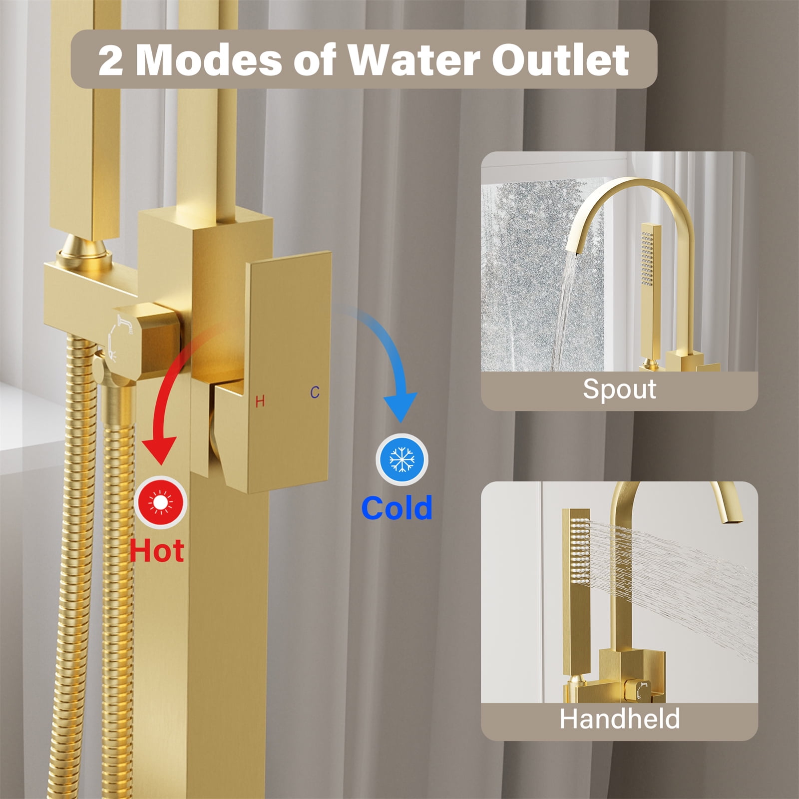 ANGELES HOME Free Standing Bathtub Faucet, Single Handle Floor Mounted Tub Filler Faucet with Handshower, Brushed Gold