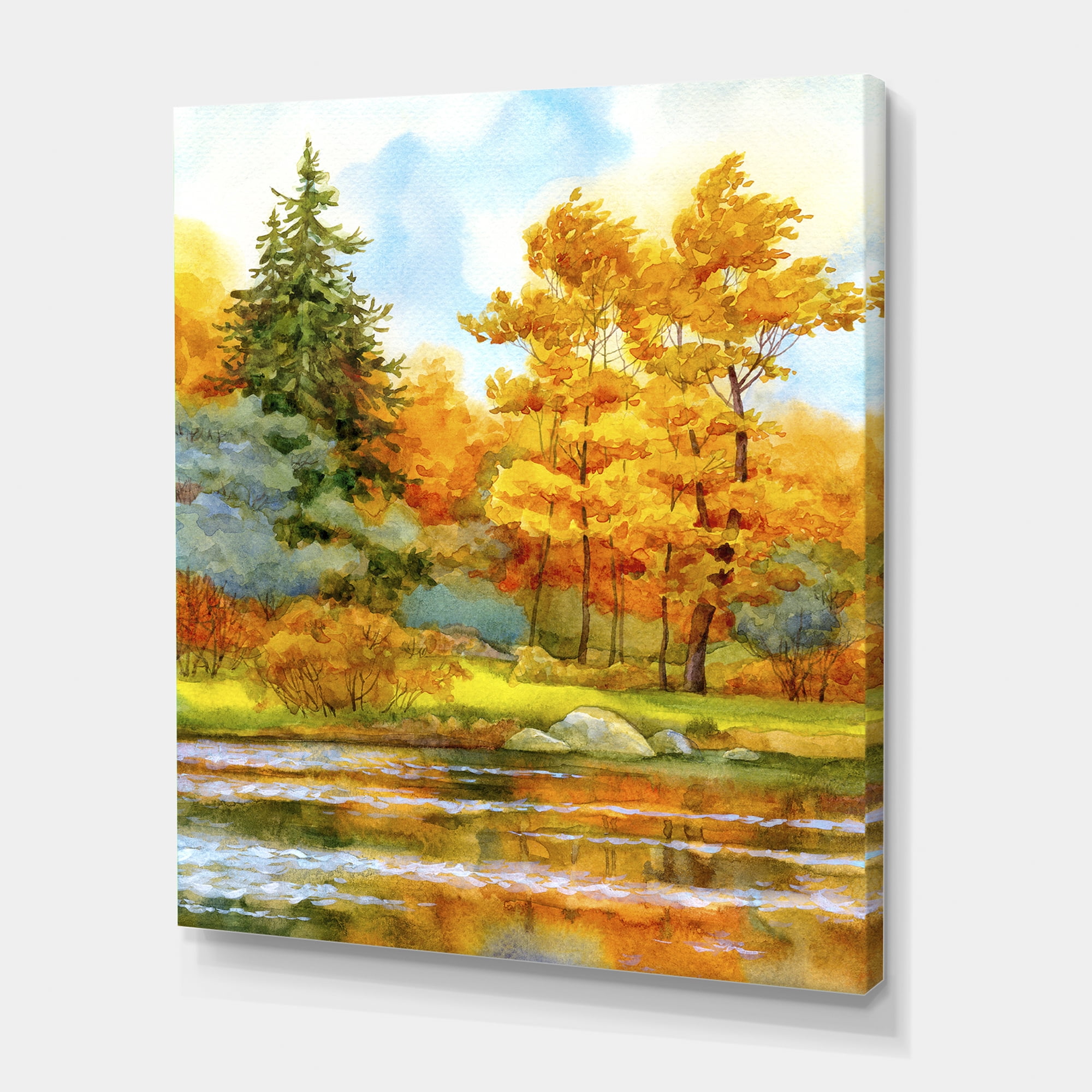 Designart ' Autumn Forest By The Lake Side I ' Lake House Canvas Wall Art Print