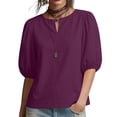 thumbnail image 3 of TARIENDY Summer Casual Shirts for Women Puff Sleeve Notch Neck T Shirt Loose Fit Solid Color Going Out Tops Trendy Outfits Purple XL, 3 of 7