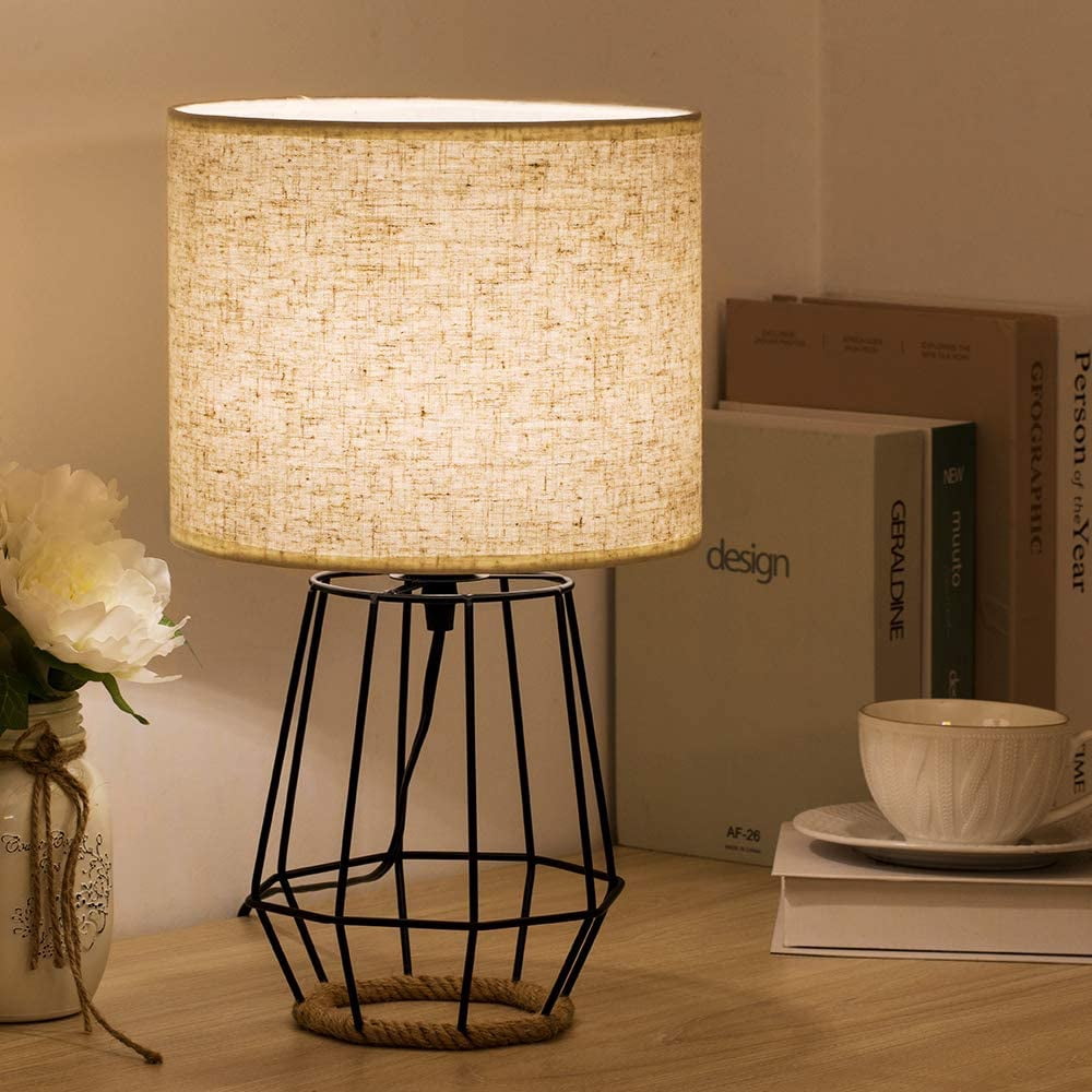 Farmhouse Table Lamp Basket Cage Style Black Chrome Metal Base with Linen Fabric Shade