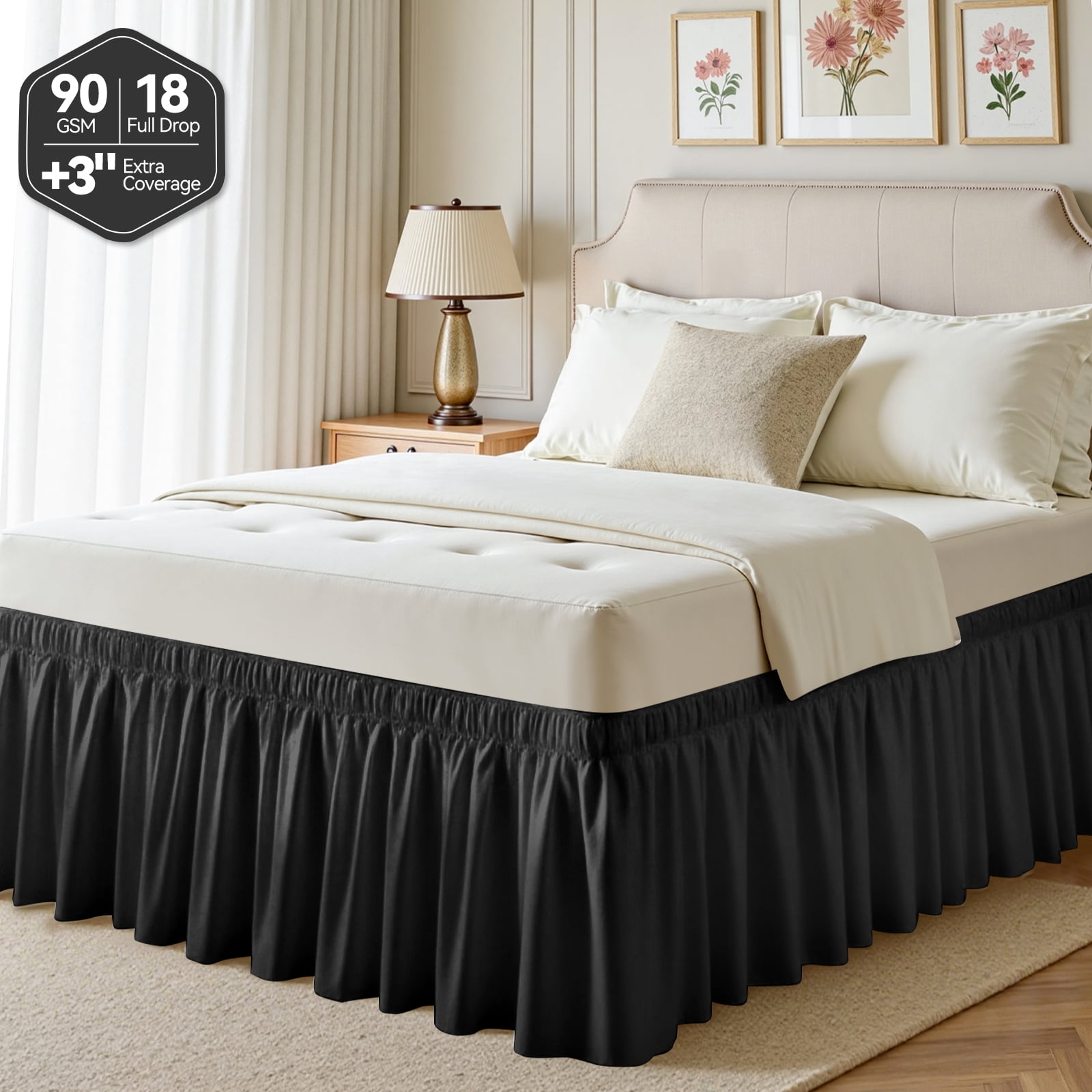 90GSM Heavyweight No-Lift Fit Bed Skirt for King/Cal King, 18" Drop with Elastic Belt, Stain & Wrinkle Resistant, Hides Under-Bed Clutter, Black