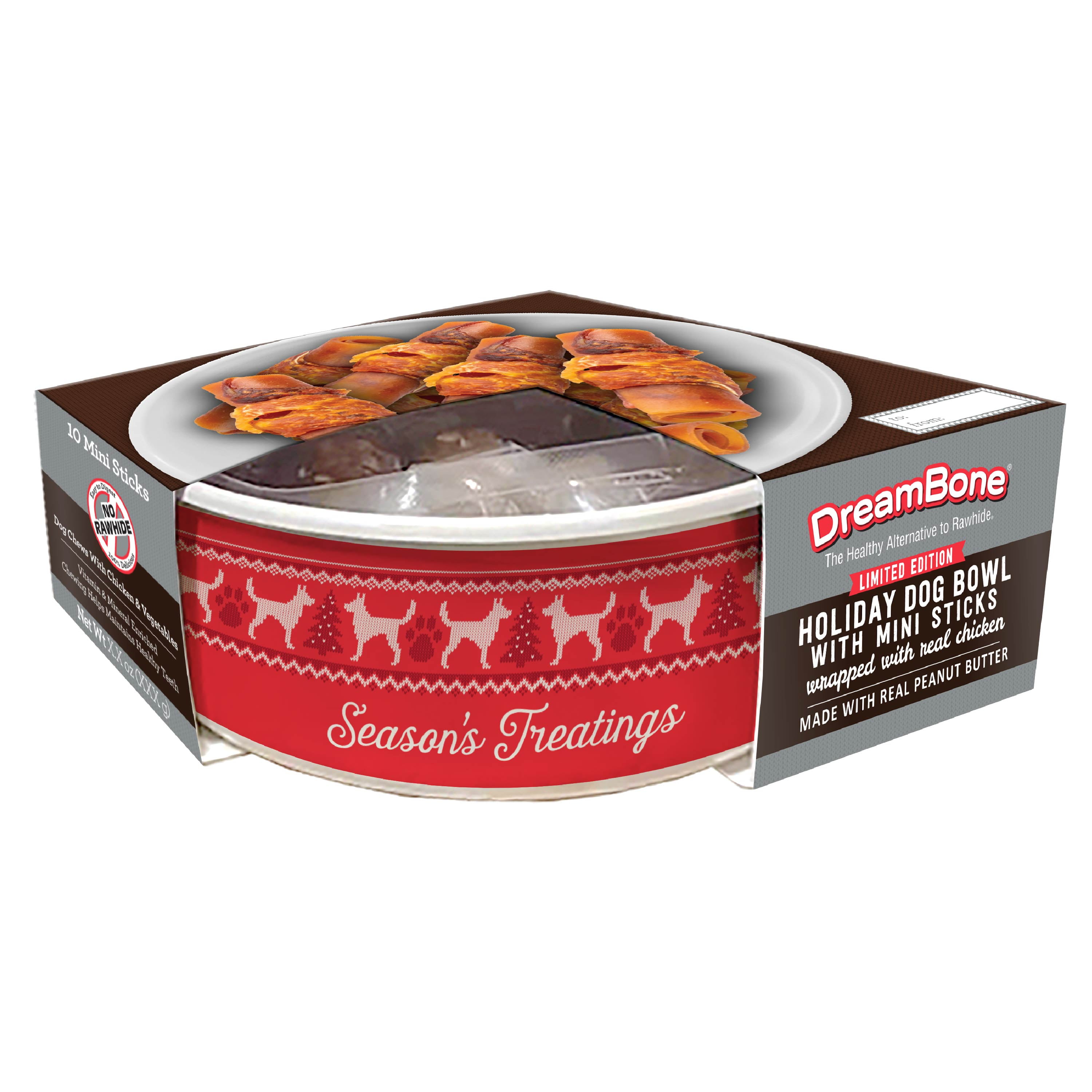 DreamBone Holiday Dog Bowl with Peanut Butter Mini Chews Wrapped in Real Chicken, 10 Chews