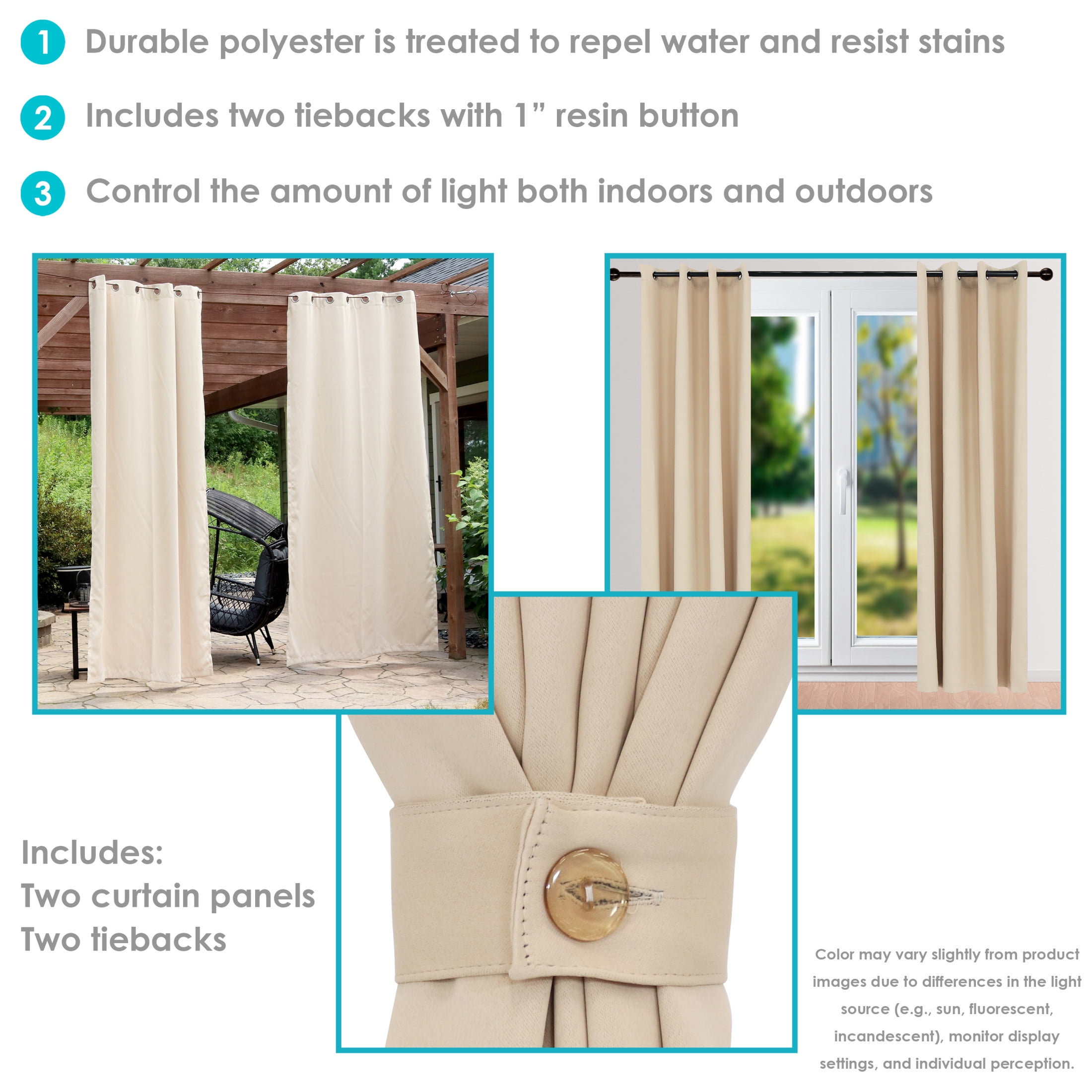 Sunnydaze Modern 2-Piece Beige Solid Room-Darkening Indoor or Outdoor Curtain Set