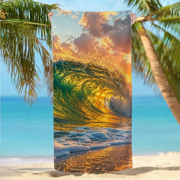 RKSupls Crashing Wave Golden Sunset Quickly Absorb Moisture Beach Towel - Machine Washable Ultra-Soft Microfiber, Ideal for Bathroom beach yoga