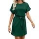 thumbnail image 1 of Vestido de Manga Corta para las Mujeres, Color Sólido Encaje Hasta Cintura Retracta Satén Tenedor Dividido, Cuello Redondo Midi, 1 of 8