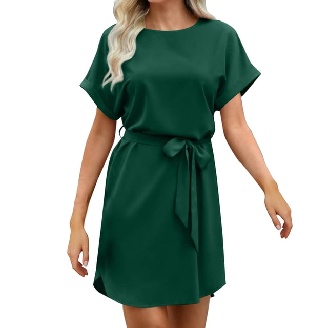 Offre à Durée Limitée Iumwxz Robe à Col Rond à Manches Courtes pour Femme Tunique à Ourlet Arrondi Robe Formelle avec Ceinture Robes Unies Longues Robes pour Femmes Robe Douce et Confortable pour Fête d'Anniversaire