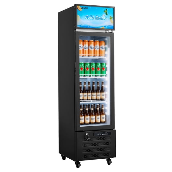 VEVOR Commercial Merchandiser Refrigerator, 6.1 Cu.Ft / 173 L Glass Door Display Refrigerator, Upright Beverage Cooler with Customizable Lightbox, 3 Adjustable Shelves & Soft LED Light