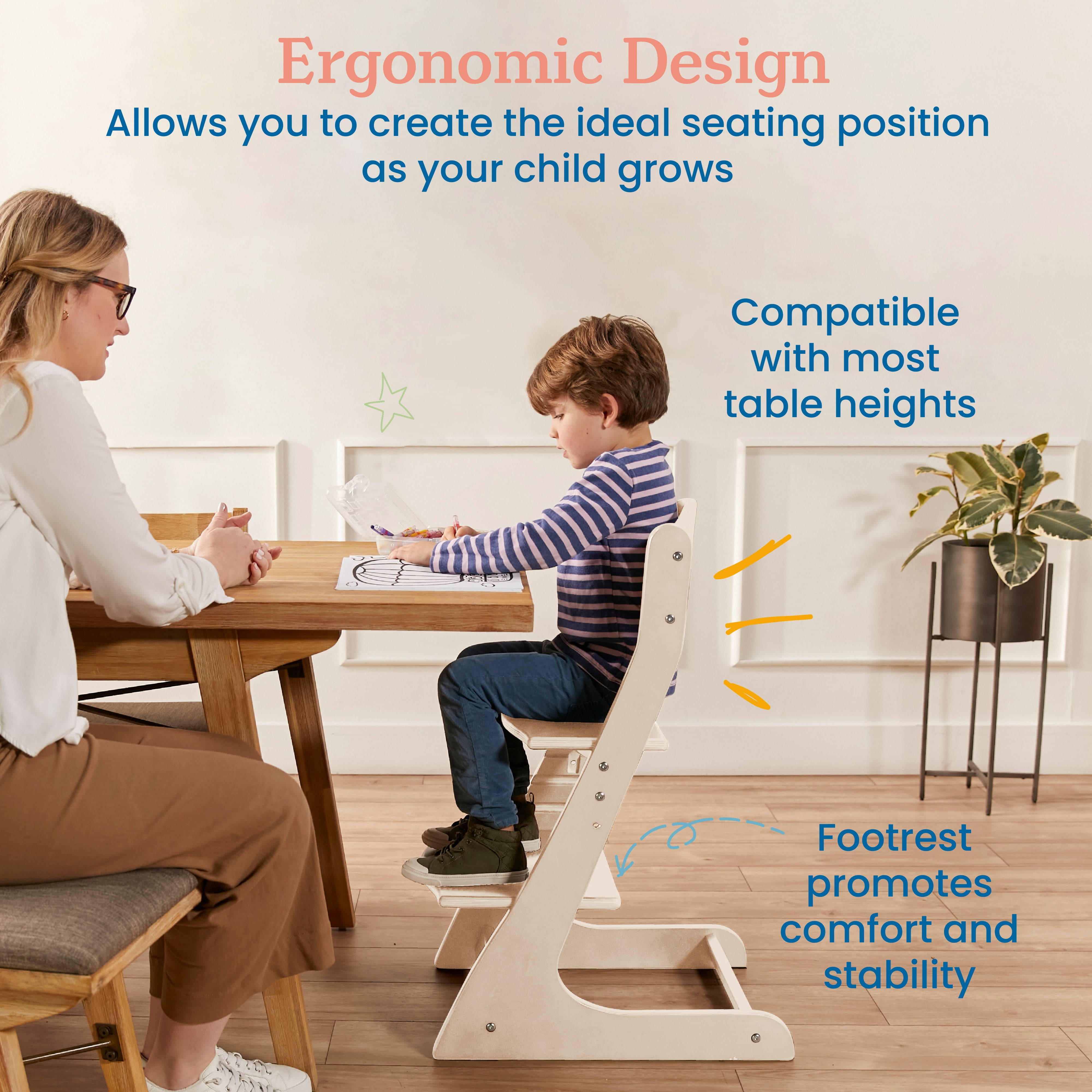 ECR4Kids Wooden Adjustable Grows with Me Transitional Chair, Montessori Furniture, White Wash