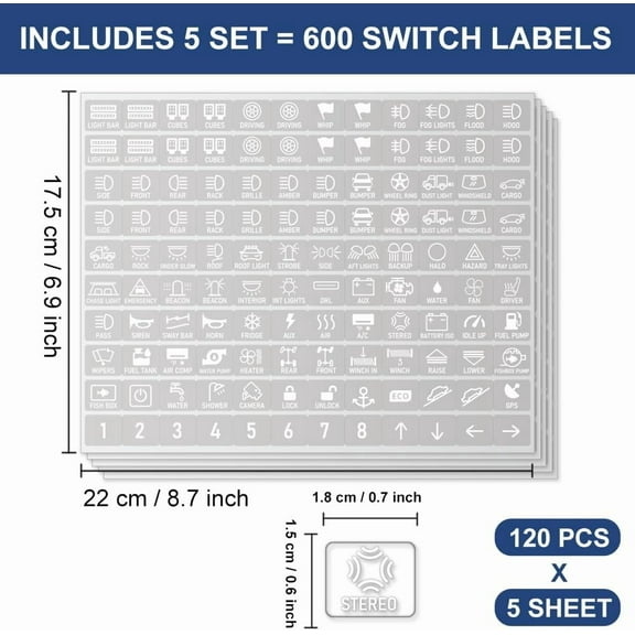 600 Pcs Car Switch Panel Stickers White Auto Switch ID Label Decals Dash Board Switch Label Decals for Car Boat Truck Campers 18x15mm