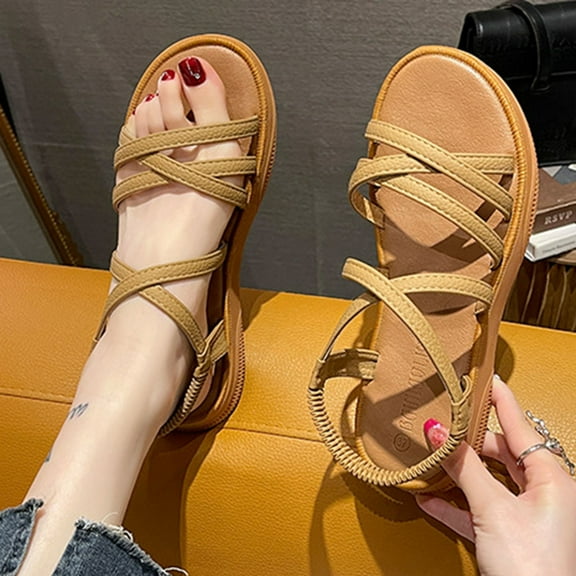 Wowcloth Women's Fashion Casual Sandals – Solid Color Cross-Strap Round Toe Open-Toe with Rear Elastic Band Flat Sole for Spring Beachwear