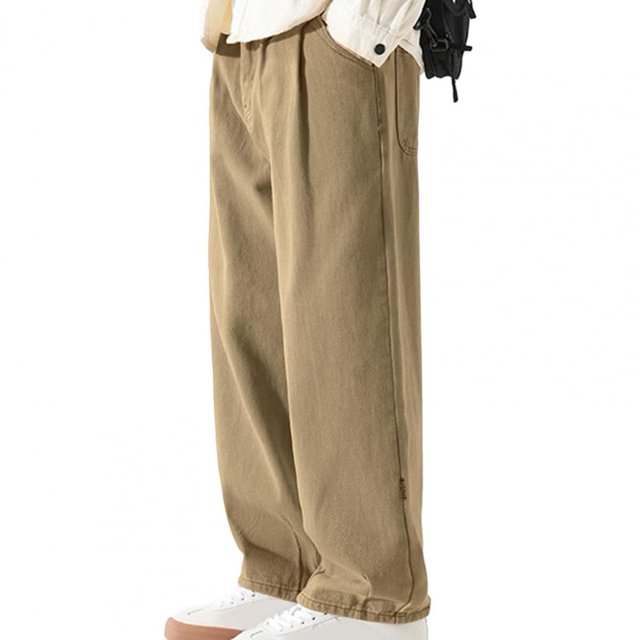 ML Solid Color Pants Men‘s Wide-leg Retro Work Pants Breathable Versatile Straight Trousers for Casual or Formal Wear Straight Leg