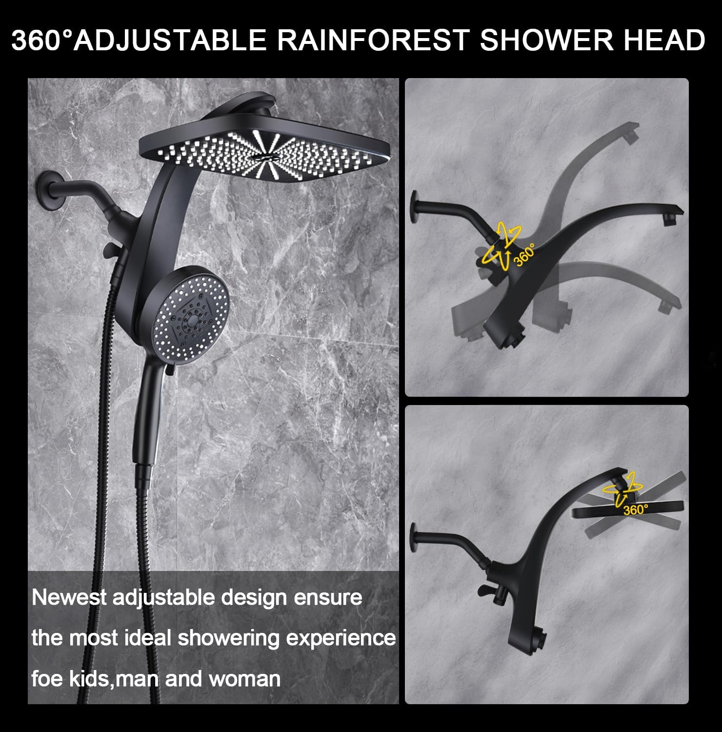 KESTE 12-Inch High Pressure Rain Shower Head Combo, Black photo 6