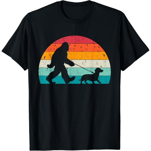 Bigfoot Walking a Dog Funny Dachshund Weiner Dog Dad Weenie T-Shirt men and women can wear, black, white, gifts
