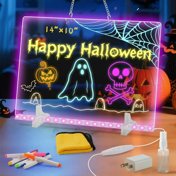 LED Note Board with Colors, 13.7"X10" 4 Modes & 7 Colors Acrylic Dry Erase Board with Light,Birthday, Halloween and Christmas gifts
