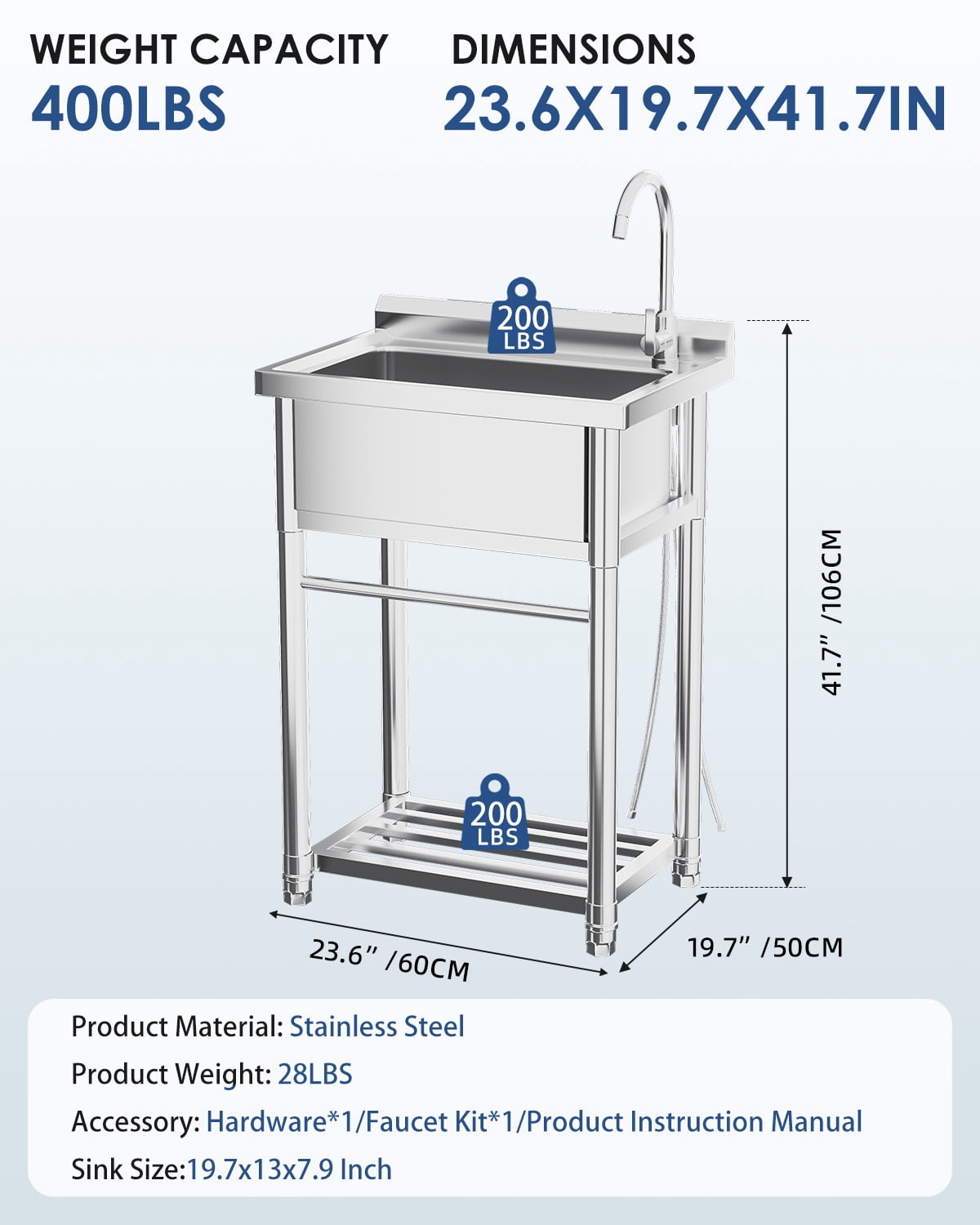 JFHID Stainless Steel Utility Sink, Free Standing Single Bowl Commercial Kitchen Sinks with Faucet & Shelf for Laundry Tub Restaurant Garage or Outdoor Use