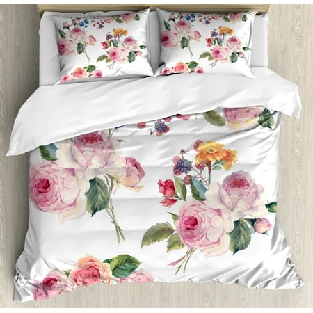 English Rose Bedding Rose Queen Size Duvet Cover Set, Vintage Floral Bouquets with English Roses Wildflowers Botanical Natural Summer Time, Decorative 3 Piece Bedding Set with 2 Pillow Shams, Multicolor, by Ambesonne ()