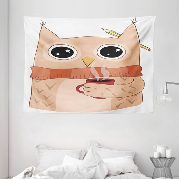 Modern Tapestry, Cute Owl with A Cup of Coffee and Scarf Student Midterms Humor Illustration, Wall Hanging for Bedroom Living Room Dorm Decor, 80W X 60L Inches, Cinnamon Sand Brown, by Ambesonne