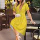 thumbnail image 3 of Easygdp Yellow Glitter para Vestido Transpirable de Mujer, Vestido Suelto de Manga Corta con Pliegues y Bolsillos para el Verano, 3 of 6