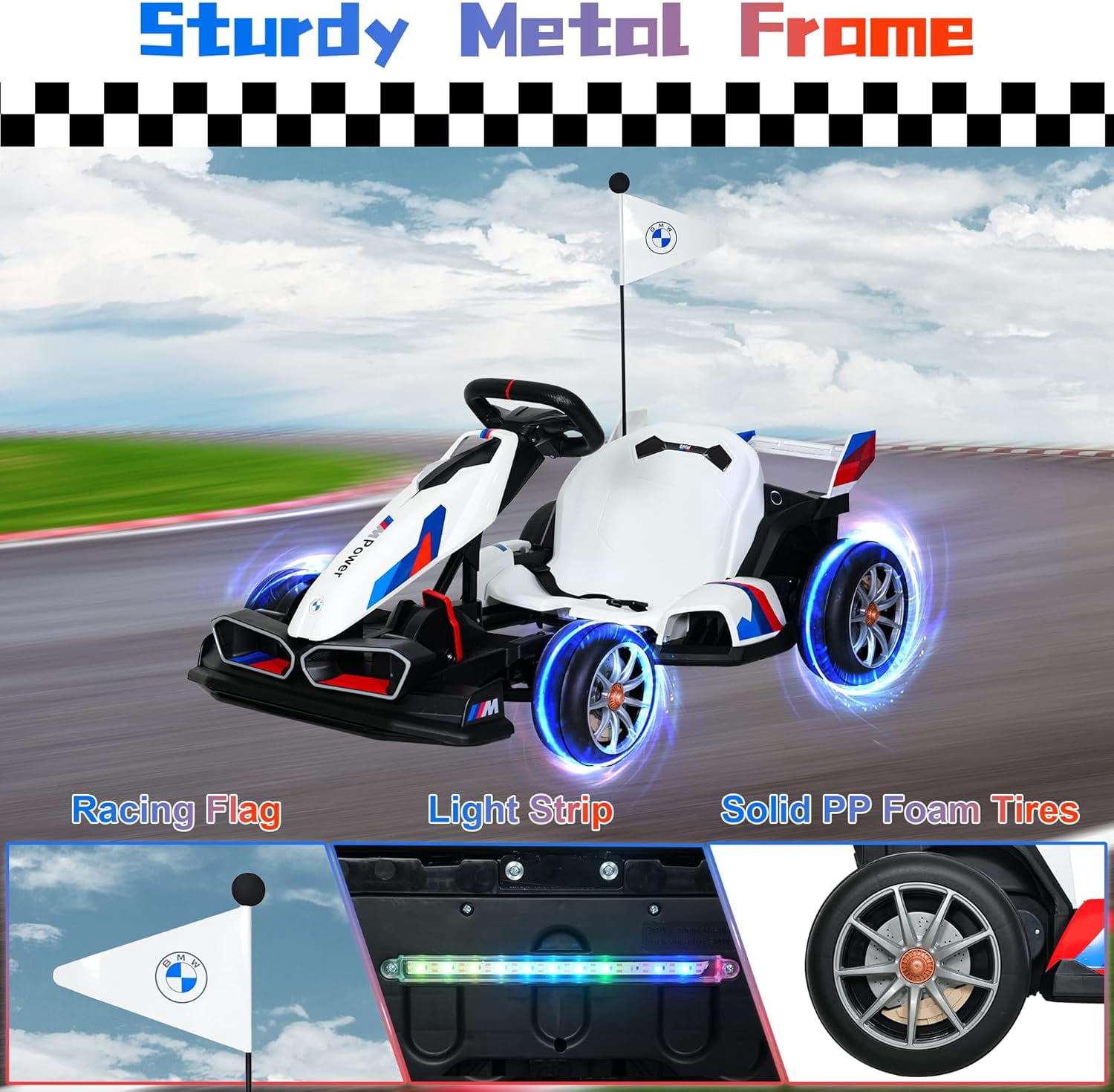 Akaber Electric Go Kart with Adjustable Seat, 24V 9AH Drift Kart with 400W Motors, Crazy Go Cart for Kids Ages 6-12, Licensed BMW, LED Lights, Drift Mode and 2 Speed (White)