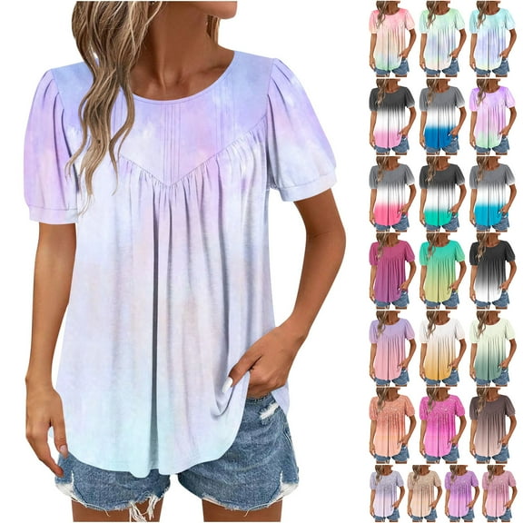 JTZGDY Womens Summer Tops Dressy Casual Tie Dye Gradient Print Crewneck Short Sleeve Shirts Loose Flowy Comfy Pleated Front Blouses Fashion Tunic Top Green#01 M