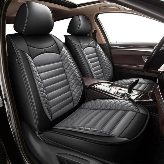 JIAMAOXIN 2pcs Car Seat Covers Front Set with Waterproof Leather,Airbag Compatible Automotive Vehicle Cushion Cover Universal fit for Most Cars (Black and Gray)