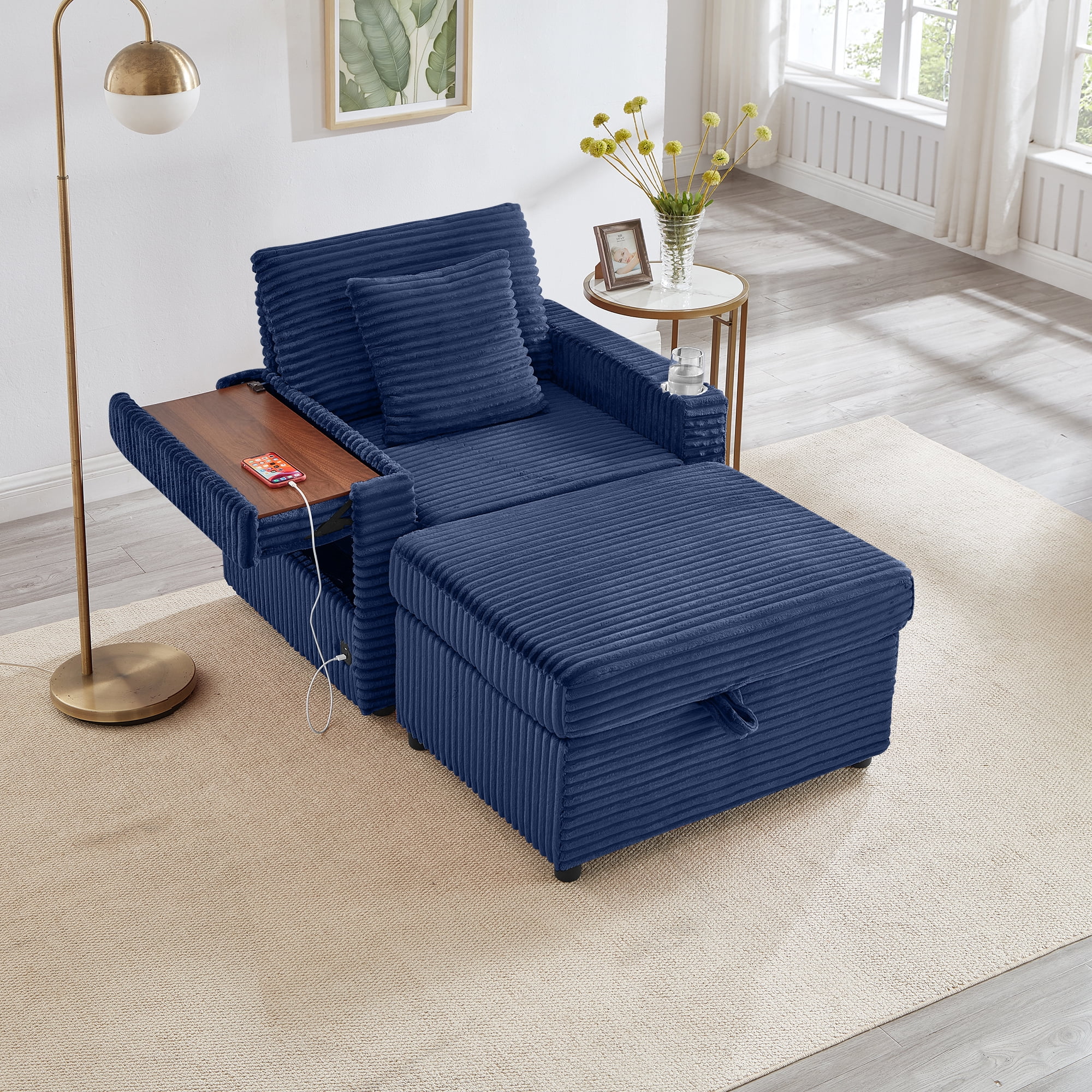 34.5" Soft Chaise Lounge Accent Chair Set with Ottoman, Table Board and Cup Holder