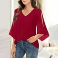 thumbnail image 2 of Feancey Womens Dressy Casual Chiffon Blouses 3/4 Sleeve V Neck Tops Ladies Business Work Shirts 2025 Trendy Summer Fall Clothes Wine L, 2 of 9