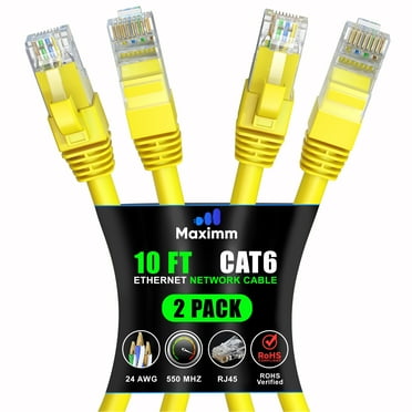 Maximm Cat 6 Ethernet Cable 10 ft (2-Pack) - High-Speed LAN Cable, Internet Cable, Patch Cable, and Network Cable - UTP, 10Gbps, 550MHz Ethernet Cord - Yellow