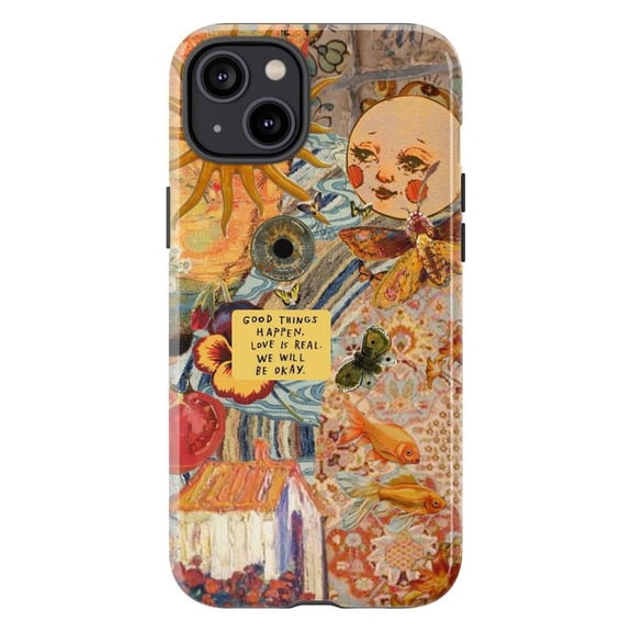 Whimsical Collage Art Phone Case for iPhone 16 15 14 13 12 11 Pro Max Plus Mini – Vintage Surreal Aesthetic with Moon Face, Goldfish & Uplifting Quote Protective Phone Cover