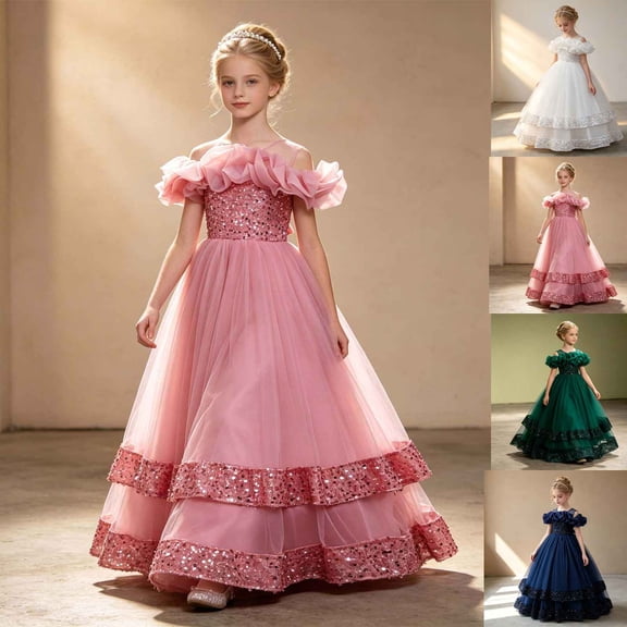 KDFJPTH Girls Dresses Fancy Sparkly Layered Tutu Party Glitter Formal Gown Toddler Kids Dress