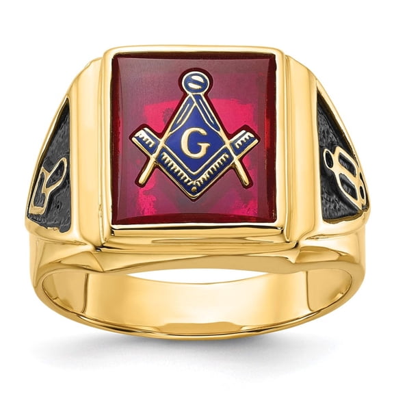 14k Men's Polished and Textured with Black Enamel and Lab Created Ruby Masonic Ring Y1576M
