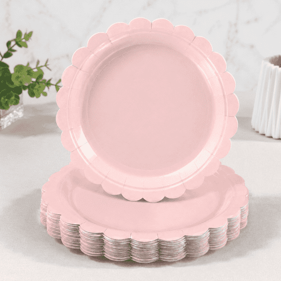 30 Pack Pink Disposable Plates, 9 Inch Scalloped Edge Pink Party Plates for Dessert, Cake, Elegant Celebrations