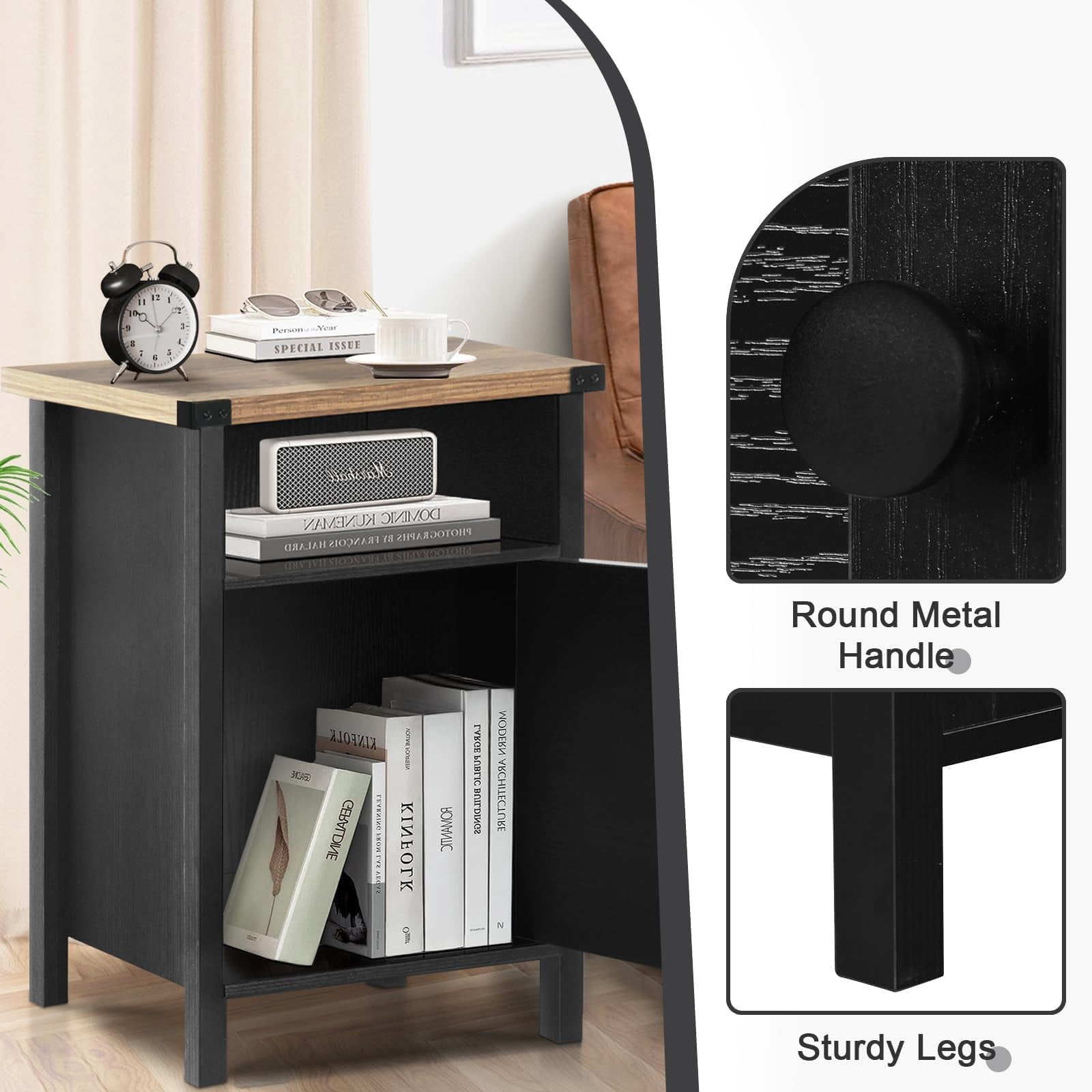 4 EVER WINNER Industrial Barn Door Side Table Set of 2, Black End Table with Barn Door Storage, Bedside Table for Bedroom Living Room