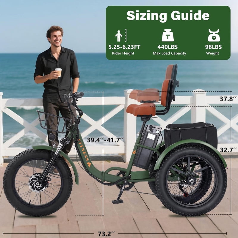 Broobey Electric Tricycle for Adults Folding ETrike E-Tricycle 3 Wheel Electric Trike w/ Two Baskets 48V15AH Lithium Battery Peak 1000W Motor 20*4" Fat Tire Green UL2849 by SGS