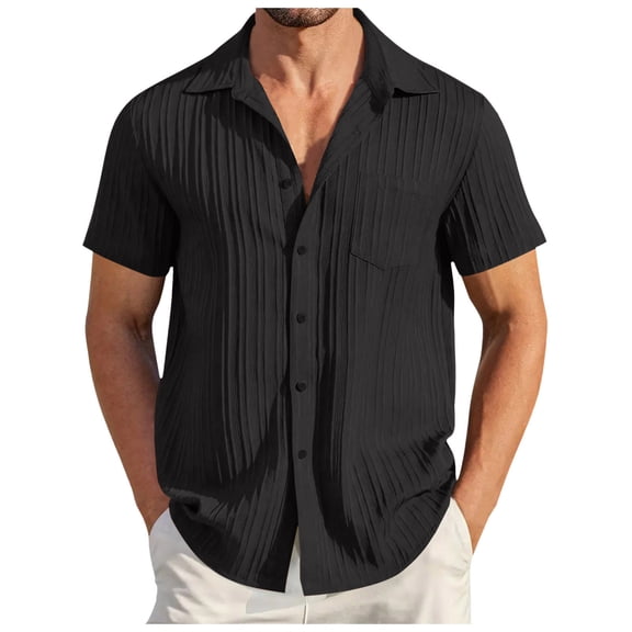 XIAONU Men's Solid Color Short Sleeve Shirt Camp Collar Textured Button Up Top Breathable Casual Vacation Shirt
