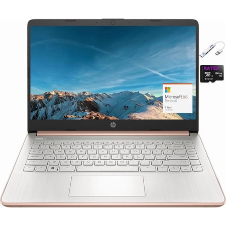 HP 14" HD BrightView Student Laptop, Intel N4120 Quad-Core, 4GB RAM, 128GB Storage(64GB eMMC+64GB SD Card), One Year Office 365, WiFi, Webcam, HDMI, USB-A&C, Win 11 S, USB 3.0 Hub, Rose Gold