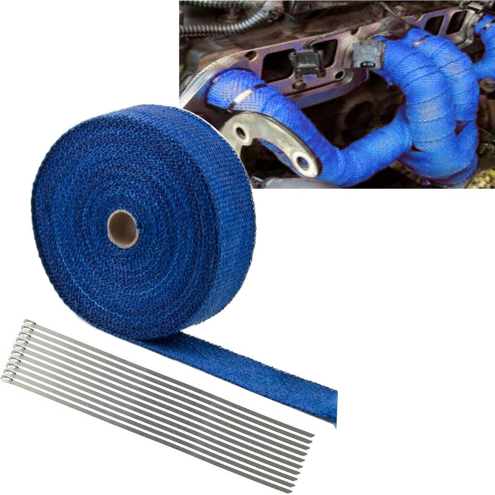 Confote 2" x 50' Exhaust Heat Wrap Roll for Motorcycle Fiberglass Heat Shield Tape with Stainless Ties Blue