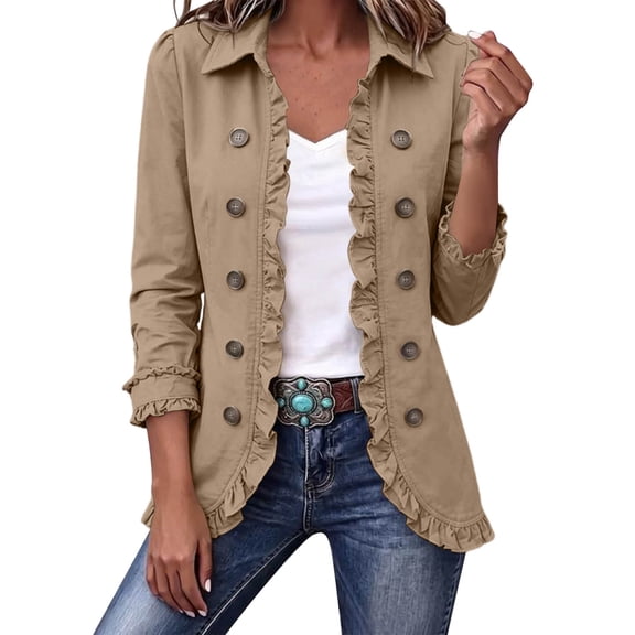 MaFYtyTPR Women's Jacket Ruffle Trim Double Breasted Lapel Collar Lined Long Sleeve Cardigan Coat for Daily Wear