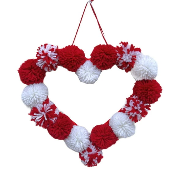Valentine Pom Pom Heart Wreath,Wool Felt Pom Pom Wreath, Heart Felt Ball Garland, Door Hanger Wreath, Wall Mantel Decor, Anniversary Party Decoration, Handmade Pom Pom Wreath