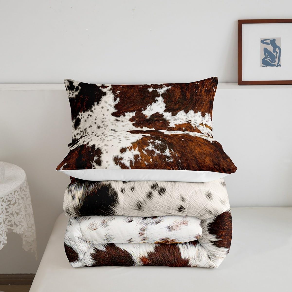 Milk Cow Print Full Comforter Set for Men,Black Brown Cowhide Western Bedding,Farmhouse Rustic Animal Skin Down Comforter,Bull Cattle Wildlife Quilt Cowboy Bohemian Exotic Decor